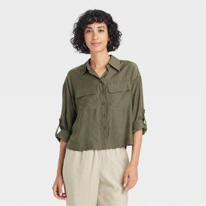 A New Day S Womens Shirt Long Sleeve Button Down Cropped Utility Front Pocket